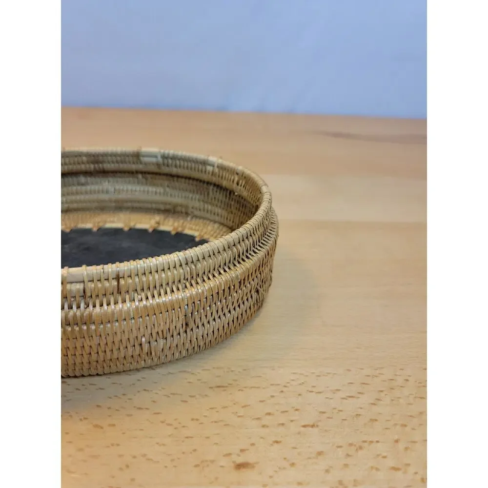 Turtle Carved Wooden Woven Rattan Basket with Lid Wood Base Trinket Box 6.5”